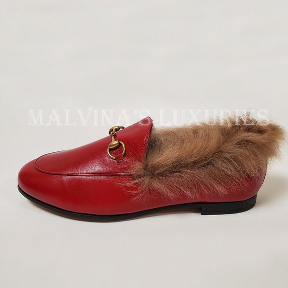 GUCCI SHOES JORDAAN HORSEBIT SHEARLING FUR RED LEATHER LOAFERS 37.5 7.5 US - Picture 7 of 16